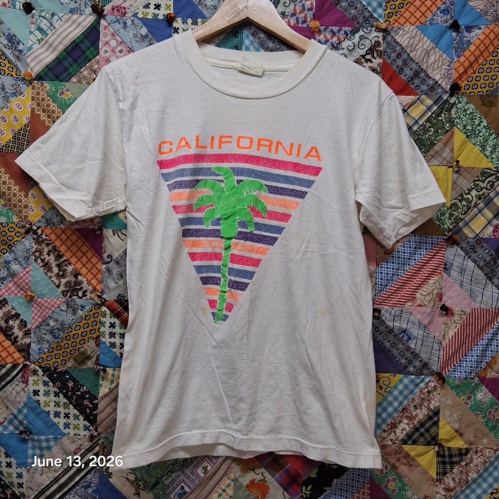 Vintage 80s California Neon Palm Tree Triangle T Shirt White Hanks Super T M